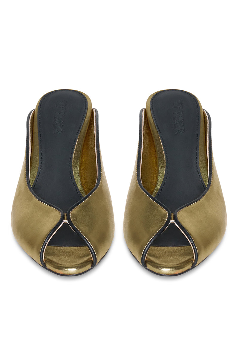 Gold RIVA heel shoes by 10TH FLOOR featuring sleek design and pointed toe, perfect for elegant evening wear.