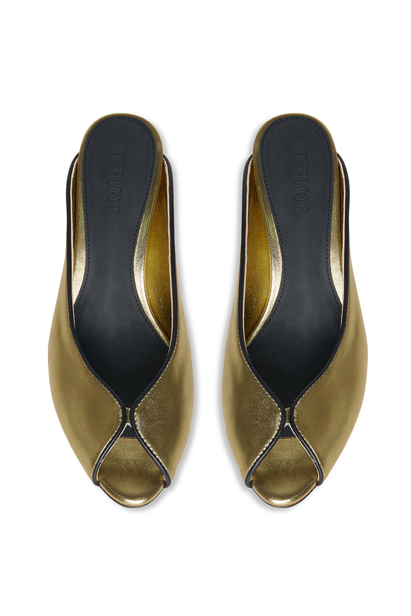 Gold RIVA heel by 10TH FLOOR featuring a sleek stiletto design and elegant ankle strap.