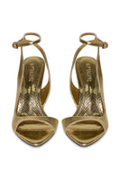 Gold high-heeled shoes called MIDNIGHTS HEEL by 10TH FLOOR, featuring a sleek design and shiny metallic finish.