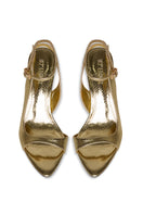 Gold heels with a sleek design from 10TH FLOOR, featuring a stylish mid-height heel and elegant strap details.