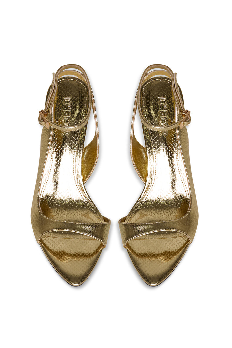 Gold heels with a sleek design from 10TH FLOOR, featuring a stylish mid-height heel and elegant strap details.