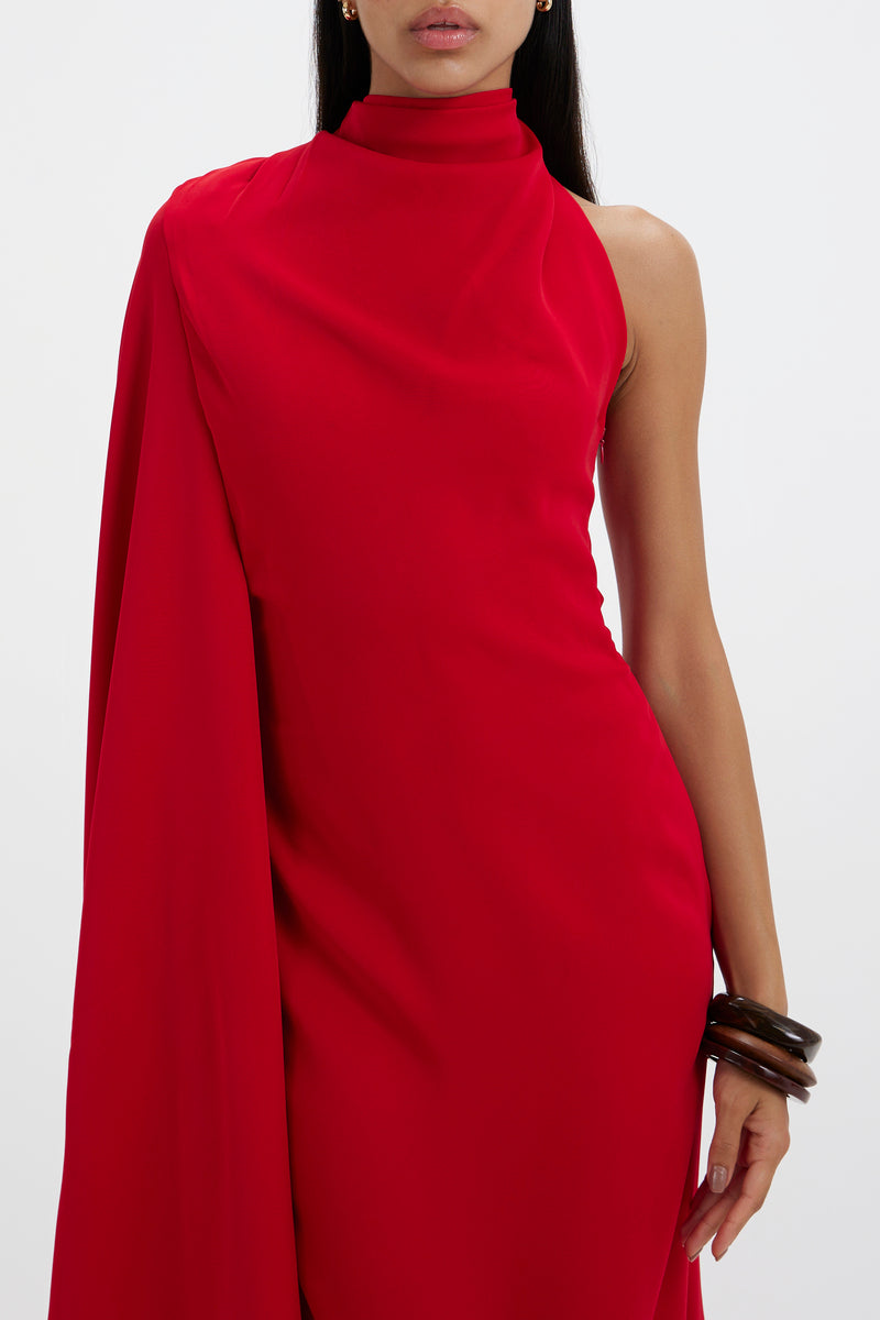 designer roll neck dresses Fitted High-Neck with Belt Design Midi Dress Black / S