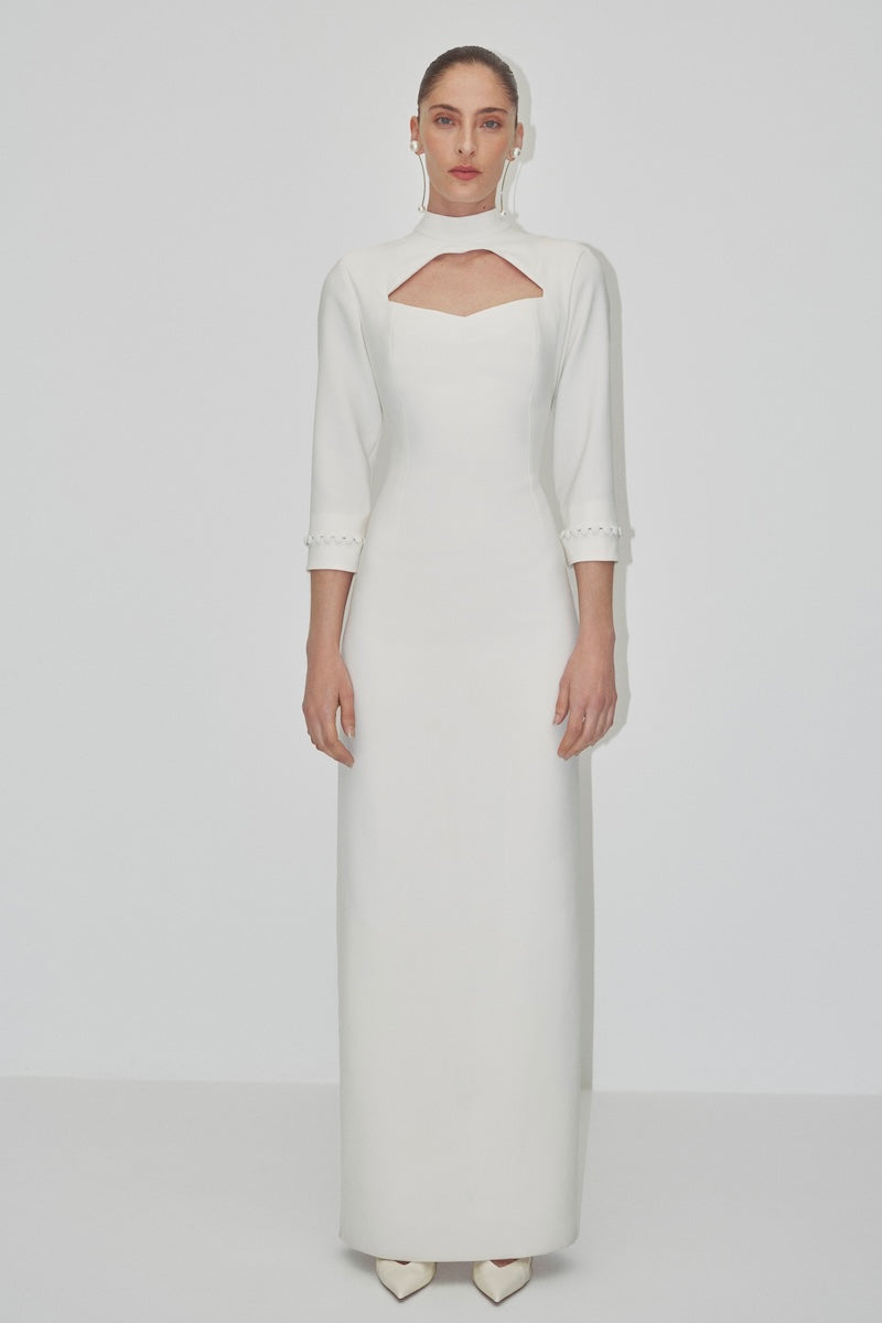 JC Pajares double crepe maxi dress with long sleeves, elegant bridal look, flowing fabric, and sophisticated silhouette.