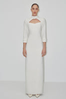 JC Pajares double crepe maxi dress with long sleeves, elegant bridal look with flowing fabric and sophisticated design.