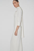 JC Pajares double crepe maxi dress with long sleeves, elegant bridal look in a sophisticated design.
