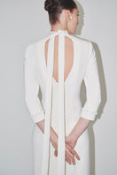 JC Pajares double crepe maxi dress with long sleeves, elegant bridal look in a sophisticated, flowing design.