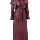 Kris Marán vegan leather maxi trench coat with buckles in burgundy, stylish long coat with belt and buckle details.