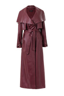 Kris Marán vegan leather maxi trench coat with buckles in burgundy, stylish long coat with belt and buckle details.