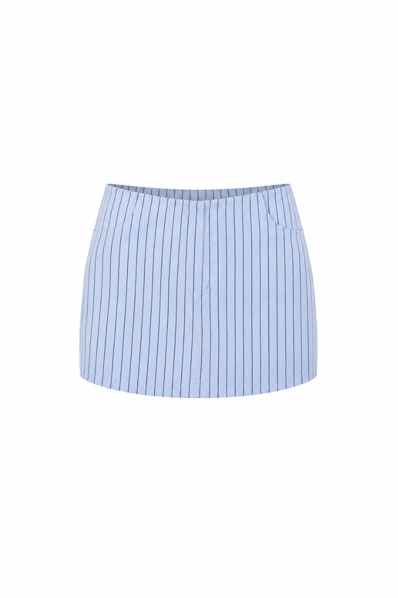 Blue minimal stripe skort by KEIRA TONG, shown with a clean, modern design featuring subtle vertical stripes and a sleek silhouette.