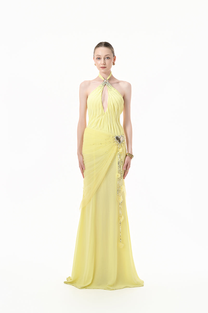 Yellow ruched halter plunge gown by Happy Clothing featuring a flattering fitted design and elegant drape.
