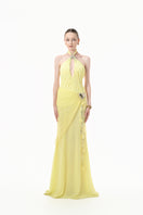 Yellow ruched halter plunge gown by Happy Clothing featuring a flattering fitted design and elegant drape.