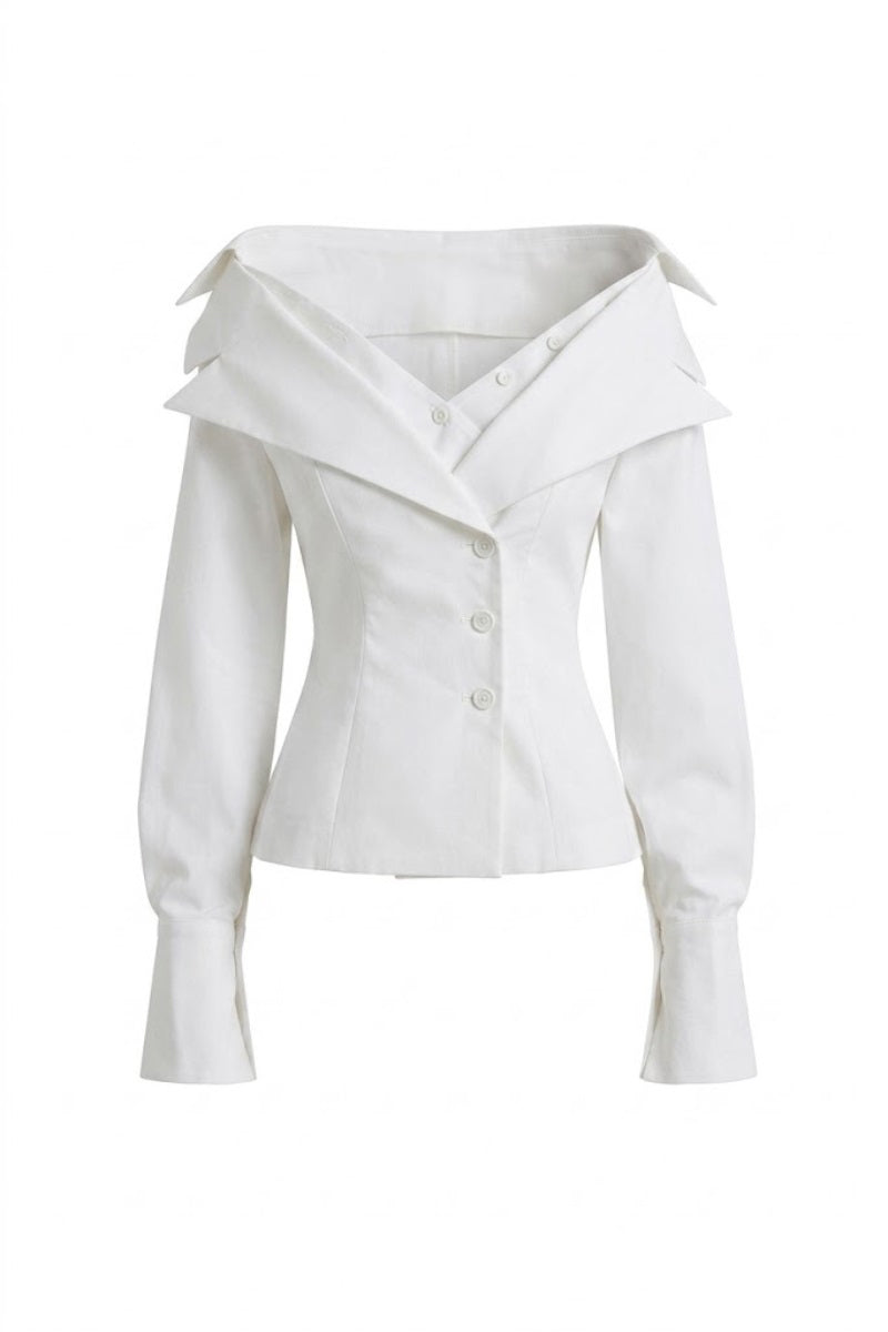 White Selena shirt by Keira Tong, featuring a classic button-up design with a relaxed fit and collar.