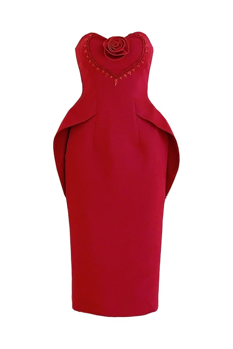 MORRIS RED PENCIL SEMI-HEART NECK ORGANDY MIDI DRESS - CULT MIA