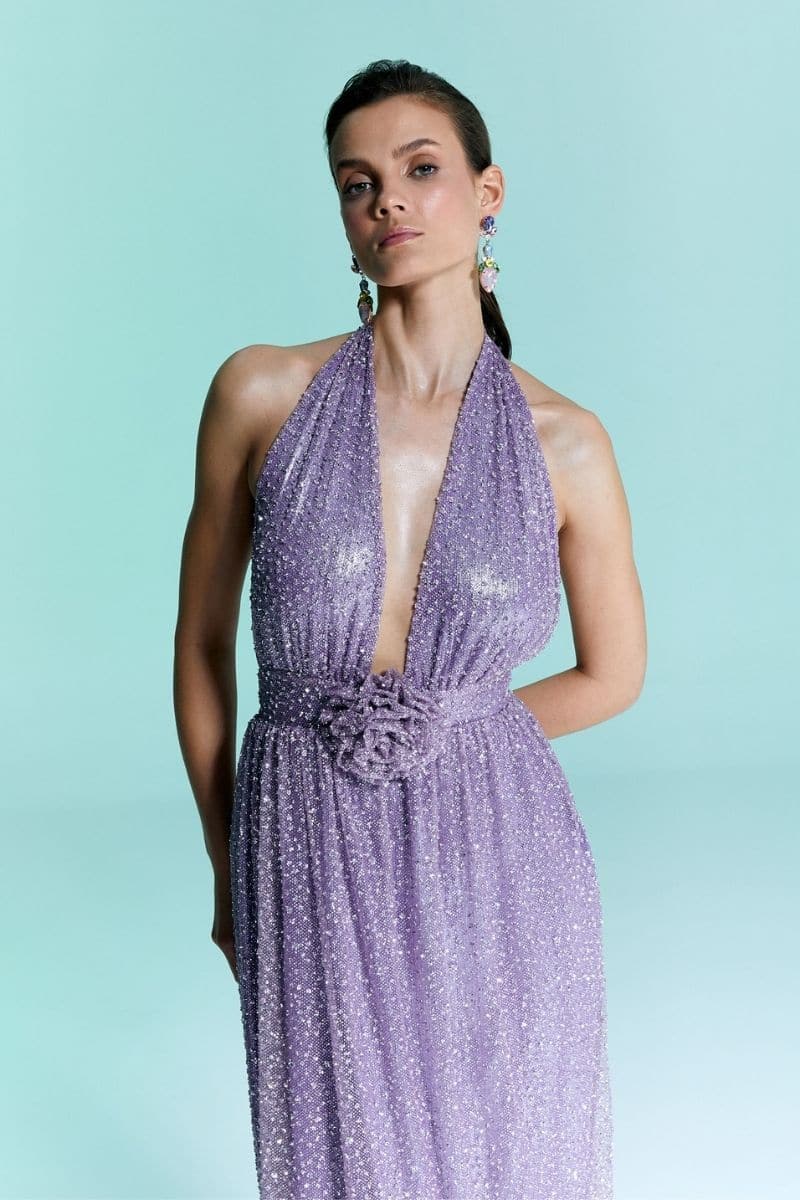 VILLA D'ESTE PURPLE V-NECK GOWN - CULT MIA