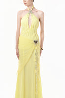 Yellow ruched halter plunge gown by Happy Clothing featuring a fitted design and elegant drape for formal occasions.