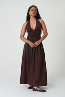 Dark walnut Cannes maxi dress by Summer Away featuring a flowing silhouette and elegant design, displayed on a hanger.
