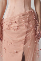 Elegant Sabina silk taffeta gown with floral details from 21Six, featuring a flowing silhouette and intricate floral embellishments.