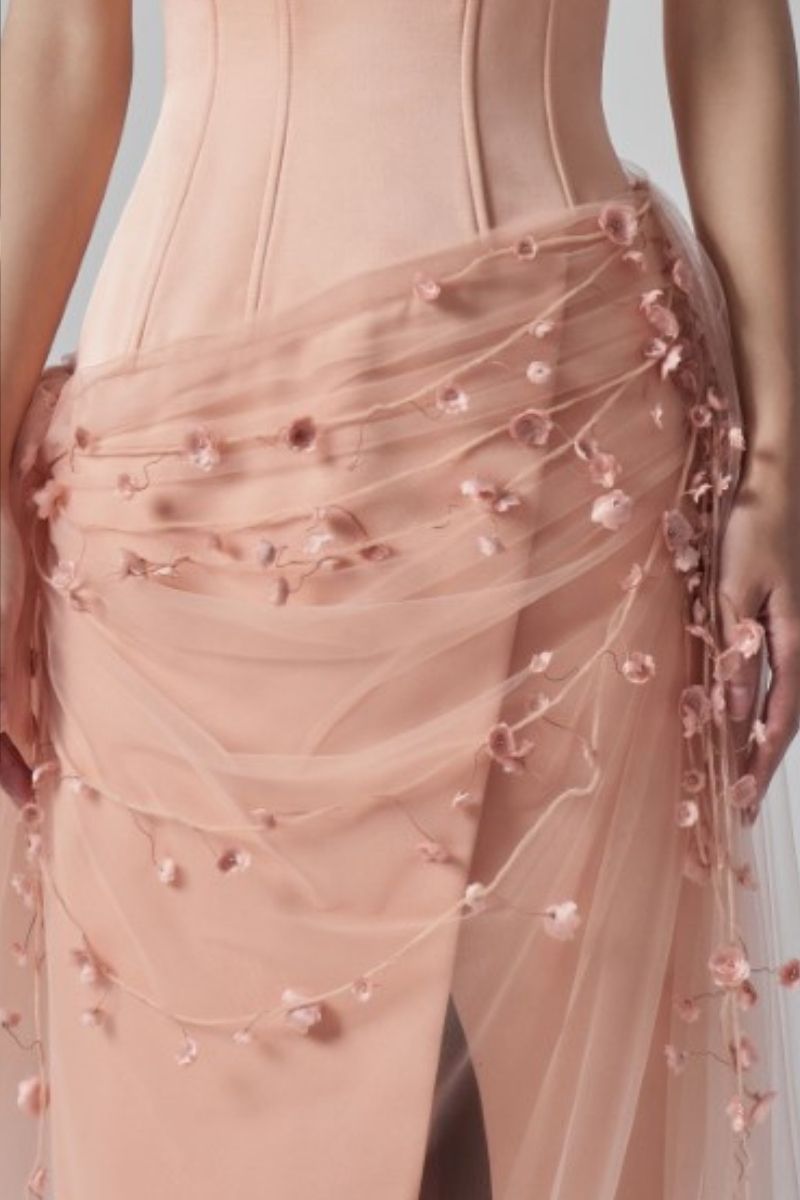 Elegant Sabina silk taffeta gown with floral details from 21Six, featuring a flowing silhouette and intricate floral embellishments.
