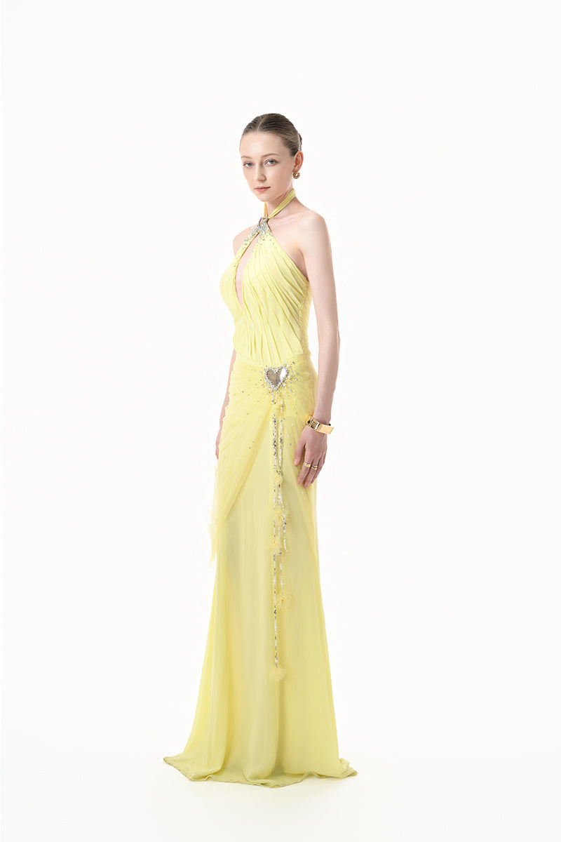 Lemon yellow ruched halter plunge gown by Happy Clothing featuring a fitted bodice and flowing skirt.