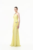 Lemon yellow ruched halter plunge gown by Happy Clothing featuring a fitted bodice and flowing skirt.