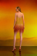 CEM beaded mesh mini dress featuring intricate beadwork and a fitted silhouette, perfect for stylish evening wear.