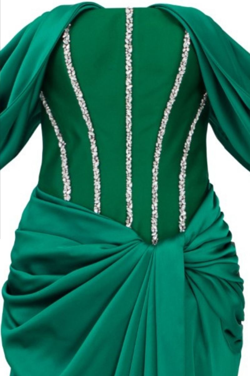 royal green silk dress Dark Green Wrap Satin Dress With Flutter Sleeves