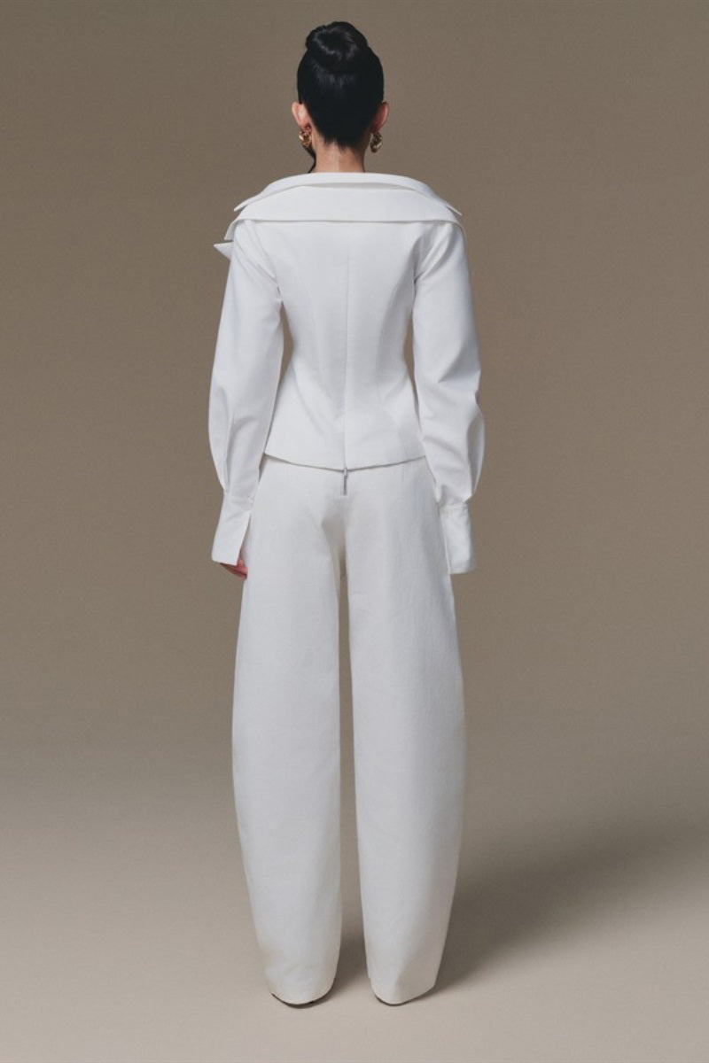 Keira Tong double waist pants in lightweight fabric, showing front view with high waist and relaxed fit.