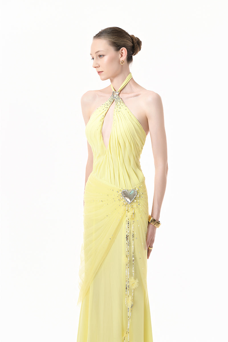 Yellow ruched halter plunge gown by Happy Clothing featuring a fitted bodice and elegant drape for formal occasions.