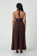 Summer Away Cannes dark walnut maxi dress featuring a flowing fabric and elegant design, suitable for stylish summer occasions.