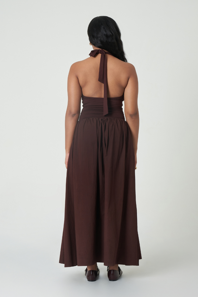 Summer Away Cannes dark walnut maxi dress featuring a flowing fabric and elegant design, suitable for stylish summer occasions.