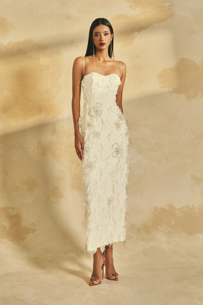 SPAGHETTI STRAP FRINGE JACQUARD MIDI DRESS