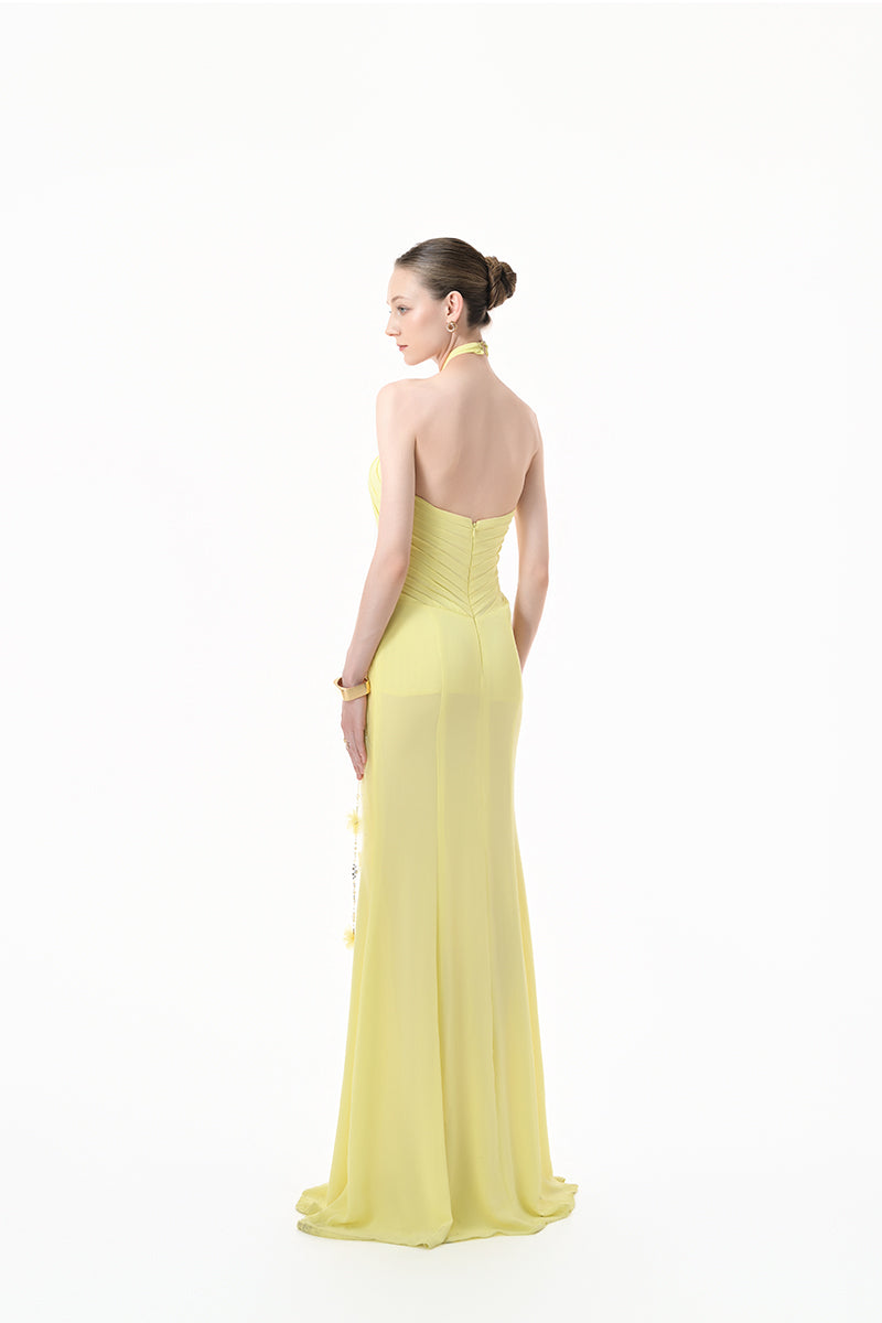 Yellow ruched halter plunge gown by Happy Clothing with elegant design and fitted silhouette, perfect for formal occasions.