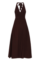 Summer Away Cannes dark walnut maxi dress, flowing fabric, sleeveless design, and elegant silhouette perfect for summer occasions.
