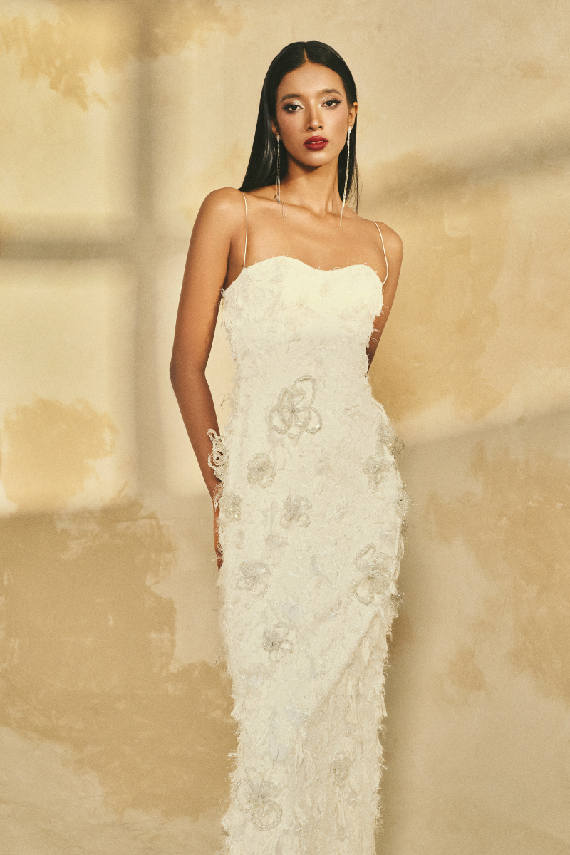 SPAGHETTI STRAP FRINGE JACQUARD GOWN