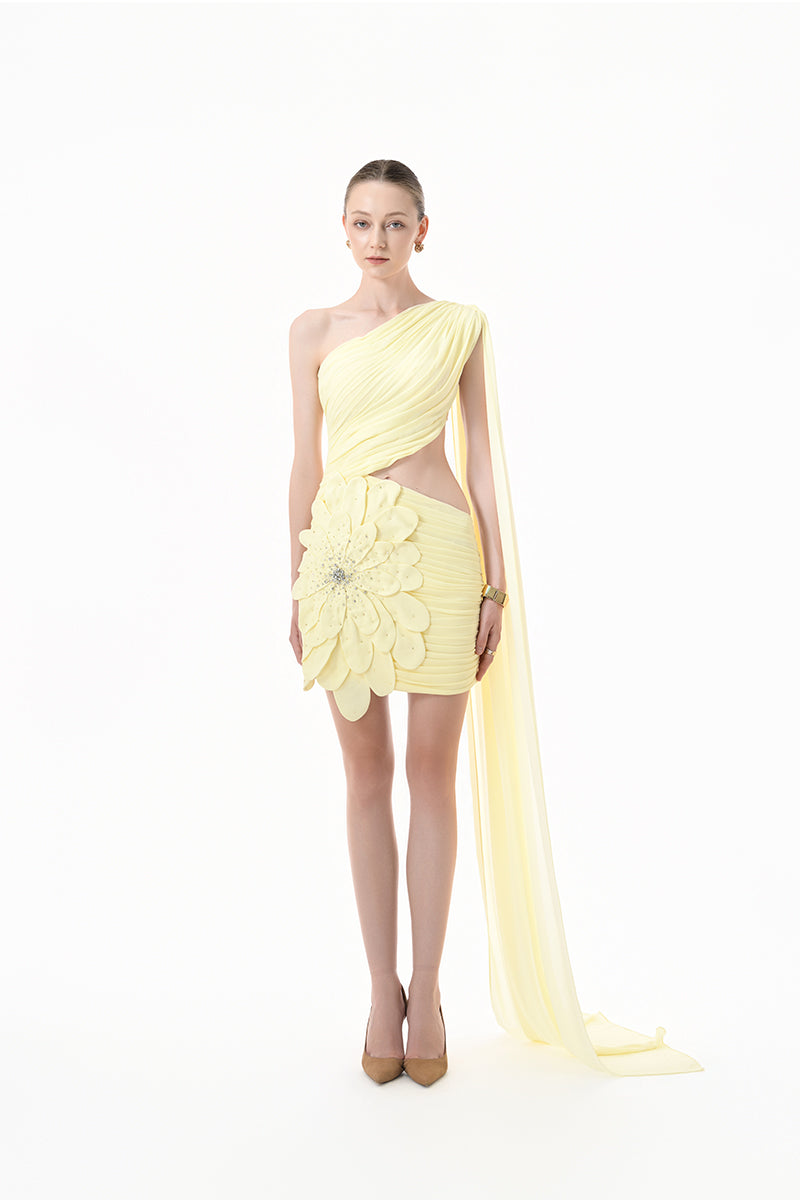 Yellow ruched cutout mini dress with 3D floral cape detail from Happy Clothing, showing the vibrant fabric and stylish design.