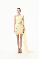 Yellow ruched cutout mini dress with 3D floral cape detail from Happy Clothing, showing the vibrant fabric and stylish design.