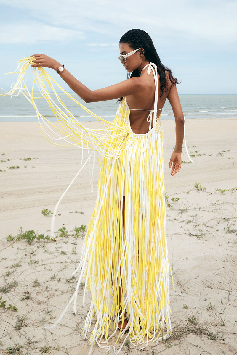 HALTER NECK FRINGED DRESS IN YELLOW HALTER NECK FRINGED DRESS IN YELLOW