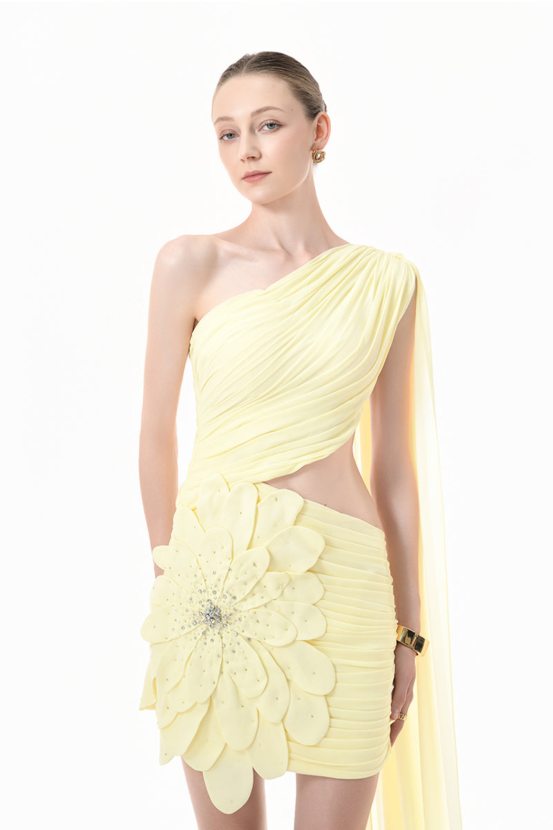 Yellow ruched cutout mini dress with 3D floral details from Happy Clothing, featuring a stylish cape design and flattering fit.