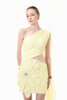 Yellow ruched cutout mini dress with 3D floral details from Happy Clothing, featuring a stylish cape design and flattering fit.