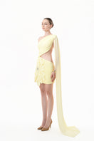 Yellow lemon ruched cutout mini dress with 3D floral accents from Happy Clothing, featuring a stylish cape design.