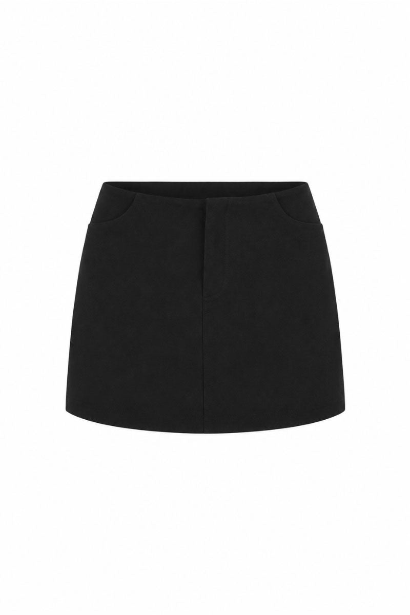 Black minimal skort by KEIRA TONG, casual shorts with sleek design and clean lines, shown on a neutral background.