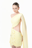 Yellow ruched cutout mini dress with 3D floral details by Happy Clothing, featuring a cape style and stylish design.