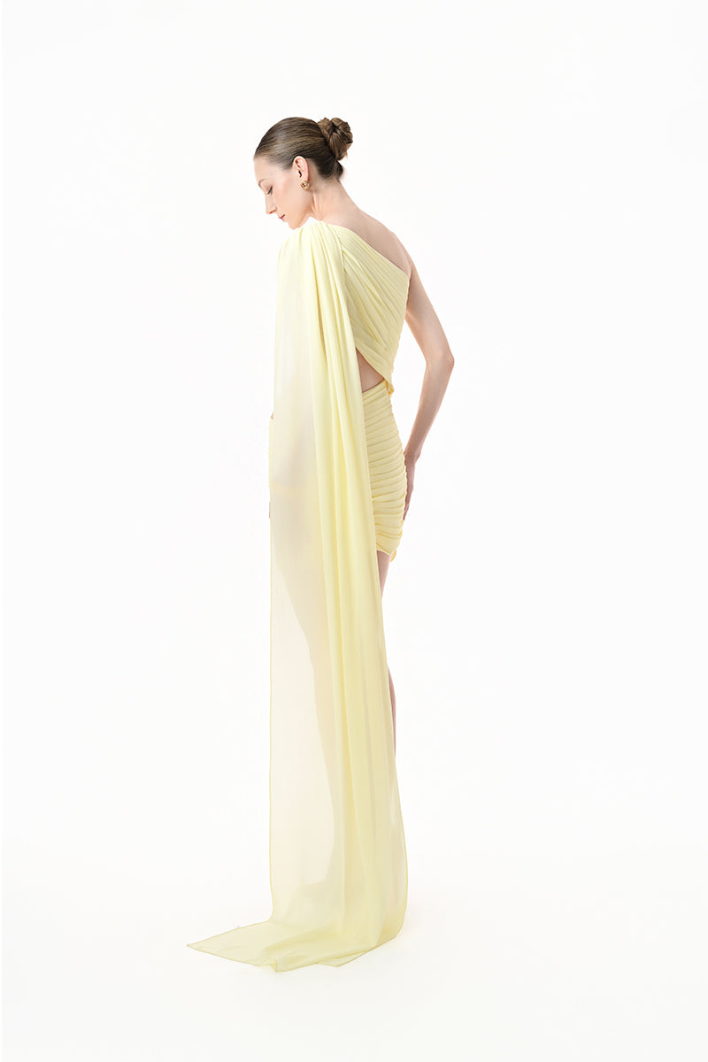 Yellow ruched cutout mini dress with 3D floral cape detail from Happy Clothing, showcasing a stylish and vibrant summer look.