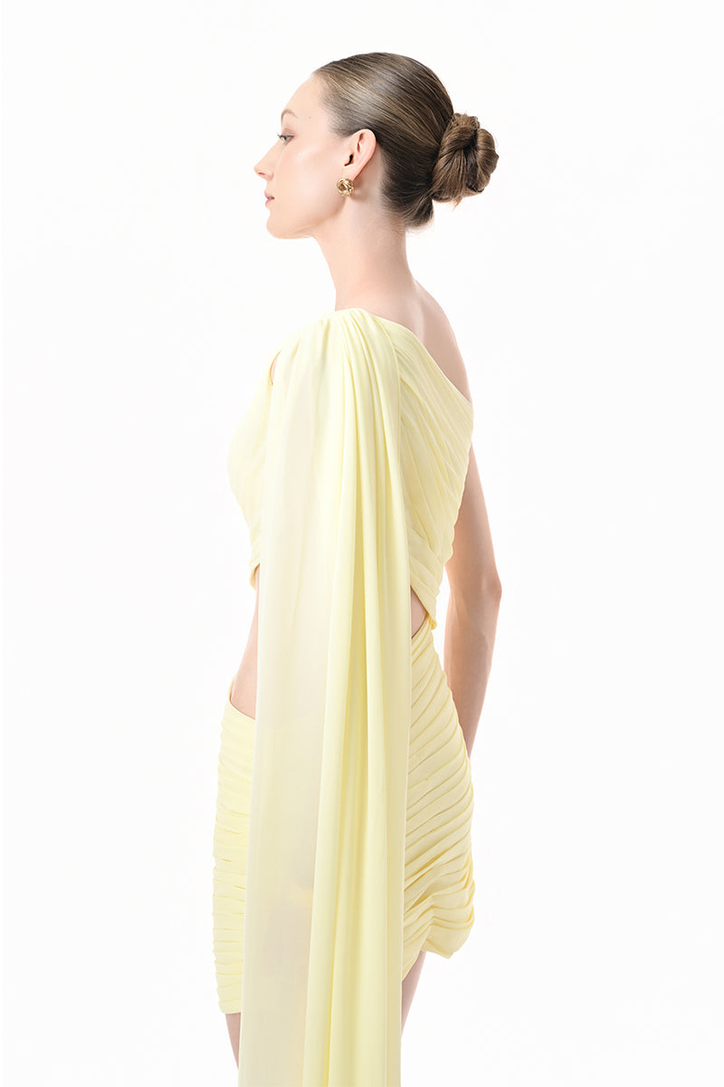 Yellow ruched cutout mini dress with 3D floral accents from Happy Clothing, featuring a stylish cape design and floral detailing.