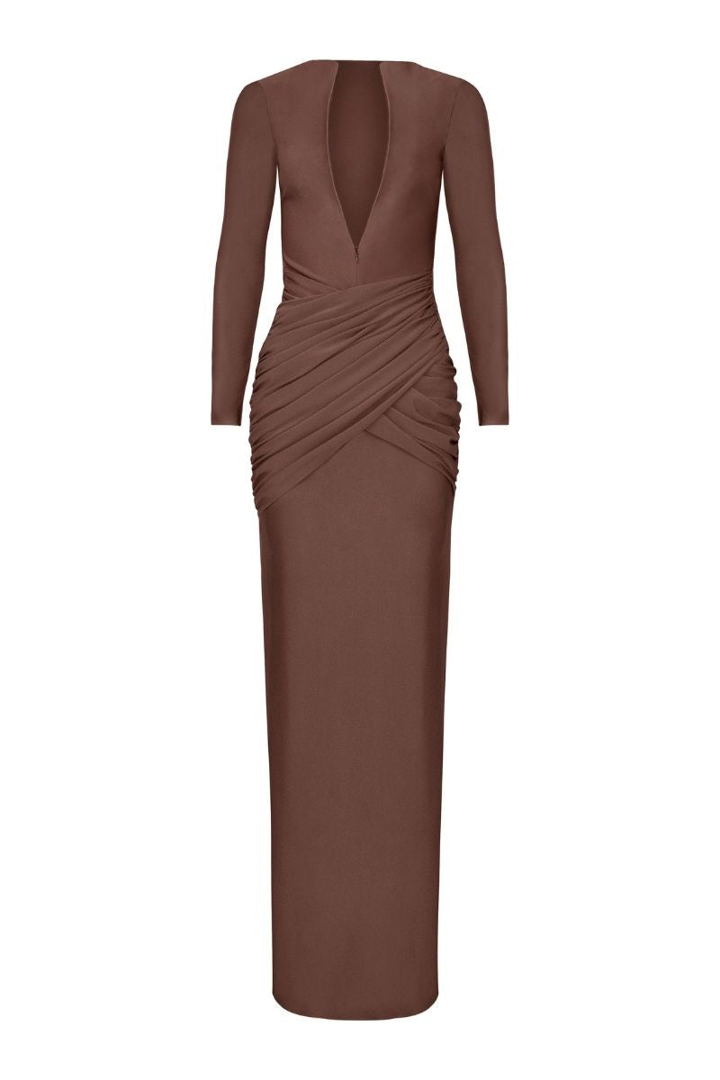 LEDIEL Martinica Mocha gown featuring a flowing silhouette and elegant fabric, perfect for formal occasions.