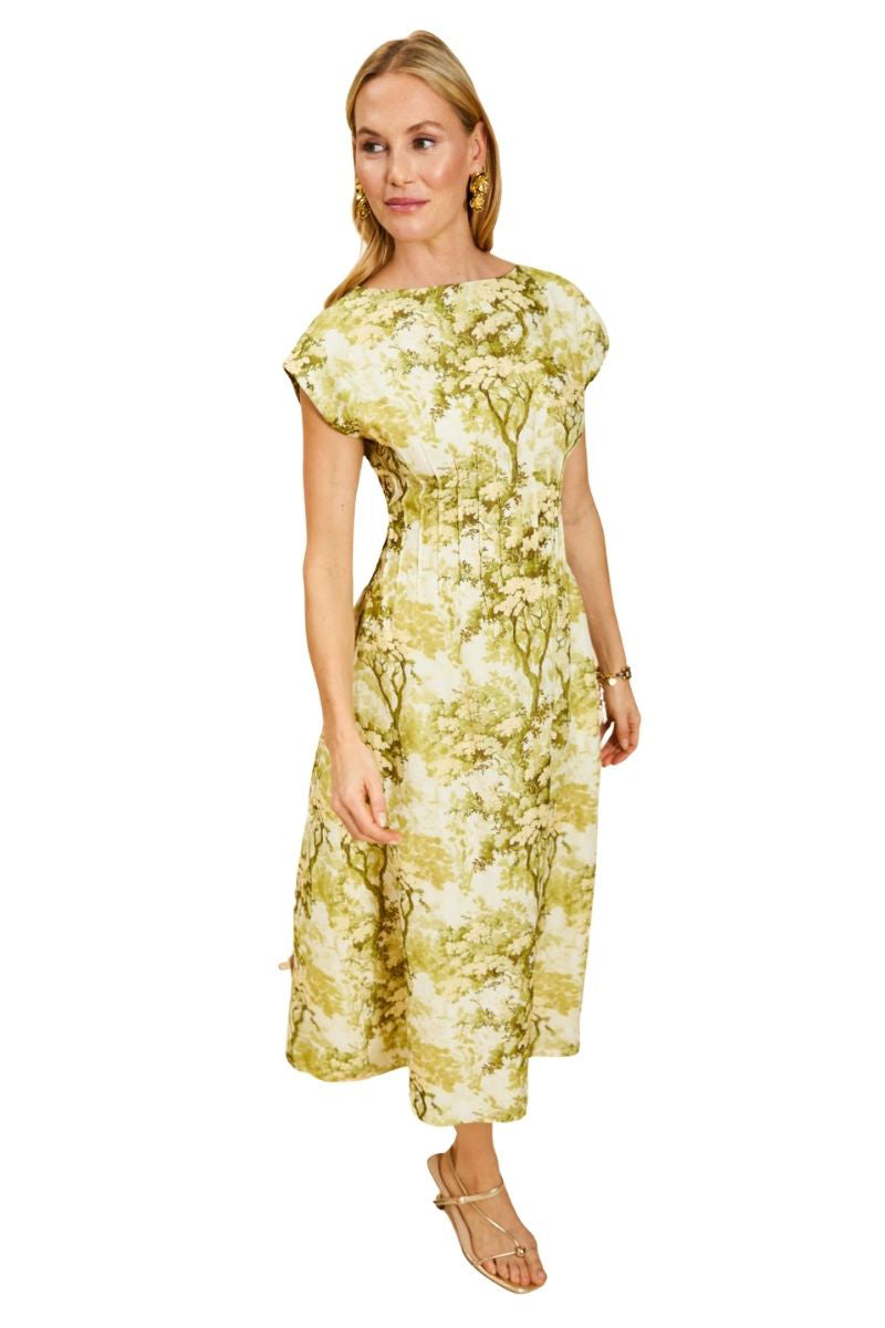 Mestiza New York Quinn midi dress in citrus toile fabric, showcasing a stylish midi dress with vibrant pattern and elegant silhouette.