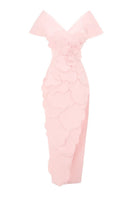 Pink CULT MIA X HAPPY CLOTHING Glenn flower appliqué taffeta maxi dress with floral details and flowing silhouette.