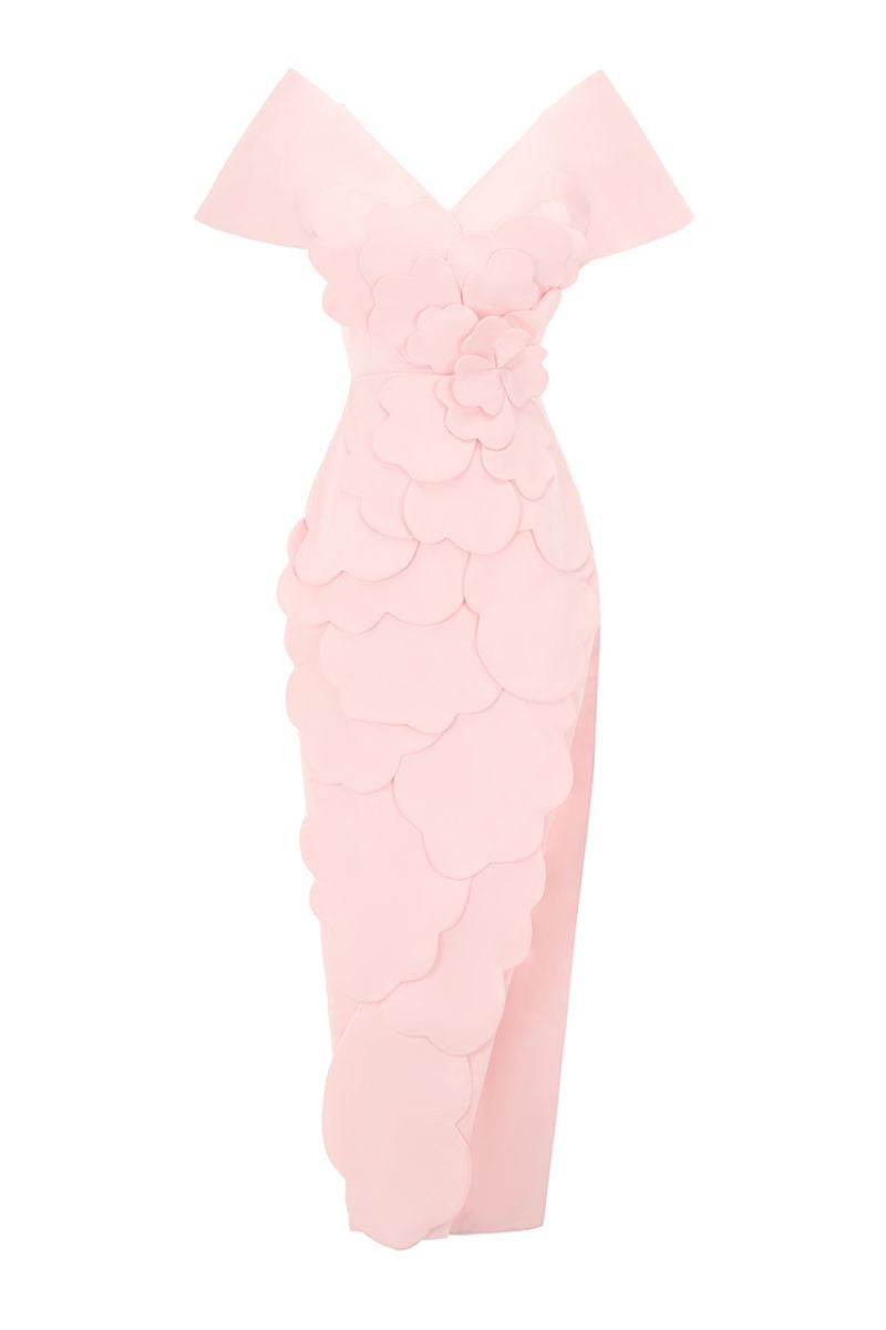 Pink CULT MIA X HAPPY CLOTHING Glenn flower appliqué taffeta maxi dress with floral details and flowing silhouette.