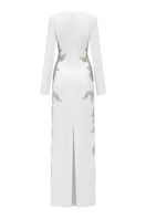 Elegant V-neck symmetric crystal-embellished gown by Tracy Studio, featuring a fitted silhouette and intricate crystal detailing.