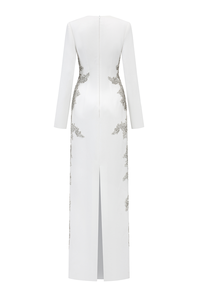 Elegant V-neck symmetric crystal-embellished gown by Tracy Studio, featuring a fitted silhouette and intricate crystal detailing.